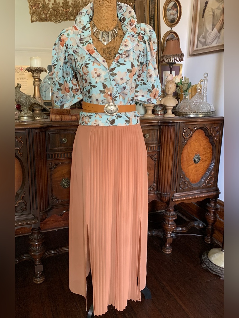 Vintage Romantic Country Boho Floral Pearl Blouse and Skirt Set